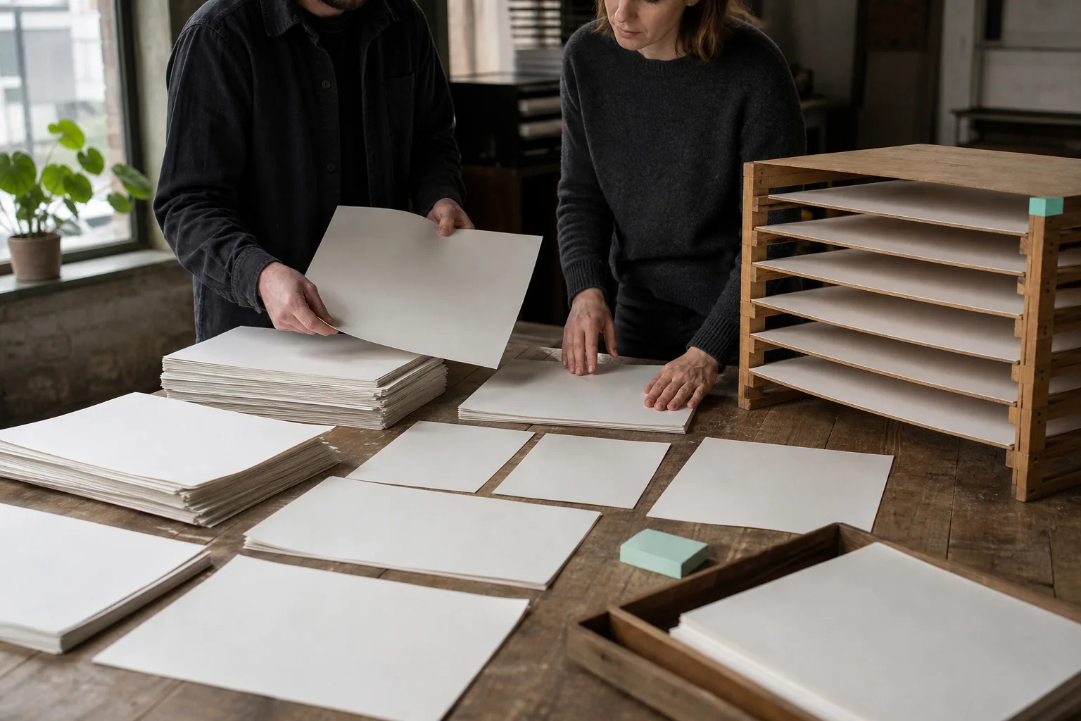 Professionals arrange physical working materials for Website redesign at a business in Ghent