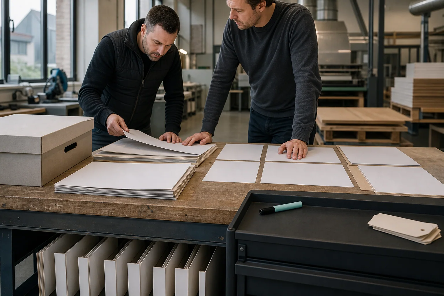 Professionals arrange physical working materials for Website redesign at a business in Liège