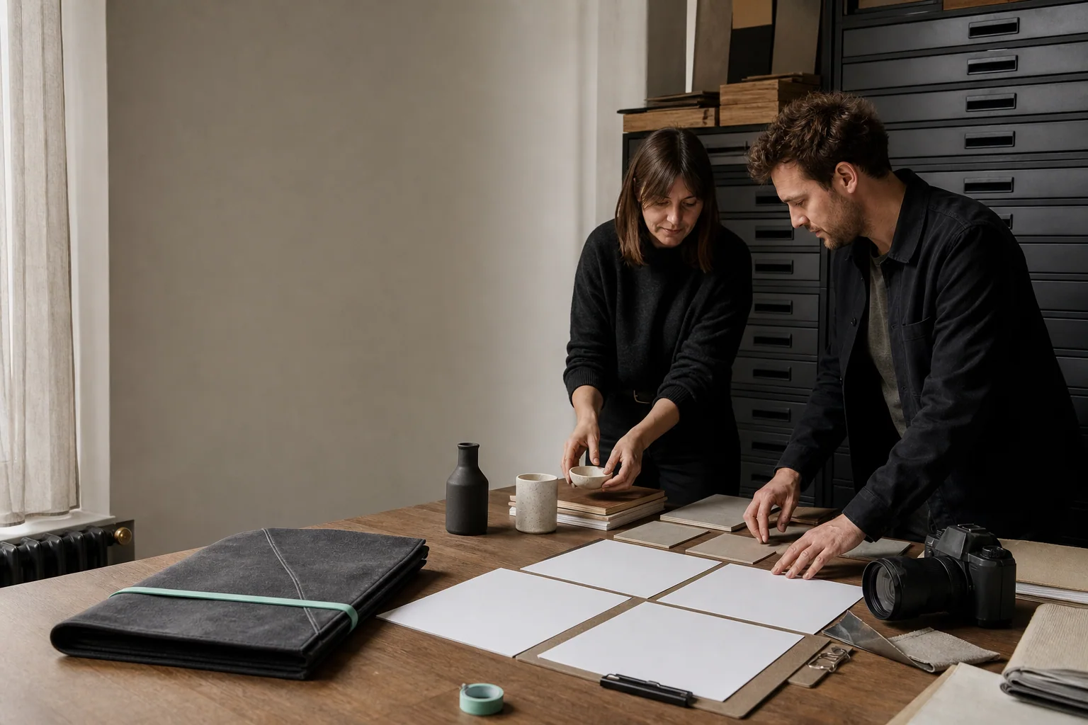 Des professionnels organisent les supports physiques de Gestion des réseaux sociaux pour une entreprise à Bruxelles
