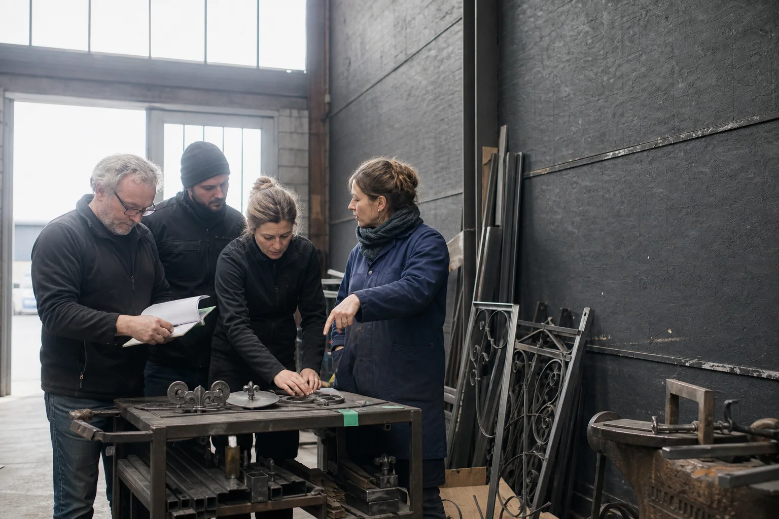 Une équipe passe en revue les prochains travaux dans un atelier de restauration métallique contemporain à Charleroi
