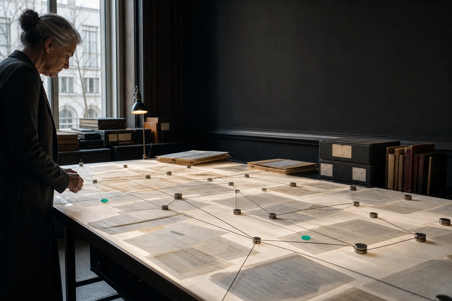 Une chercheuse relie des sources, entités et citations sur une grande table d’archives à Bruxelles