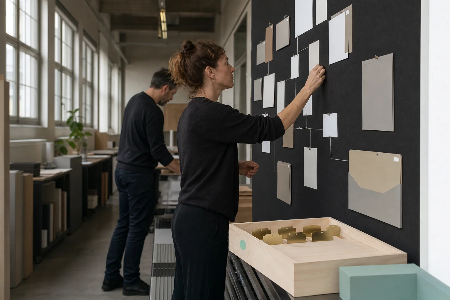 Des professionnels organisent les supports physiques de Visibilité IA et GEO pour une entreprise à Anvers