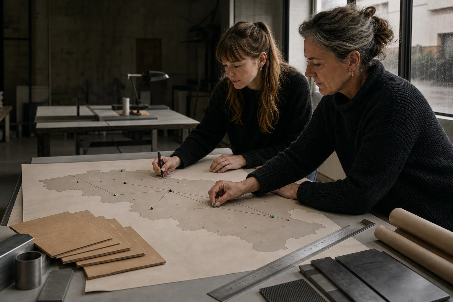 Deux professionnelles relient cinq zones de travail sur une carte physique de Belgique dans un atelier liégeois