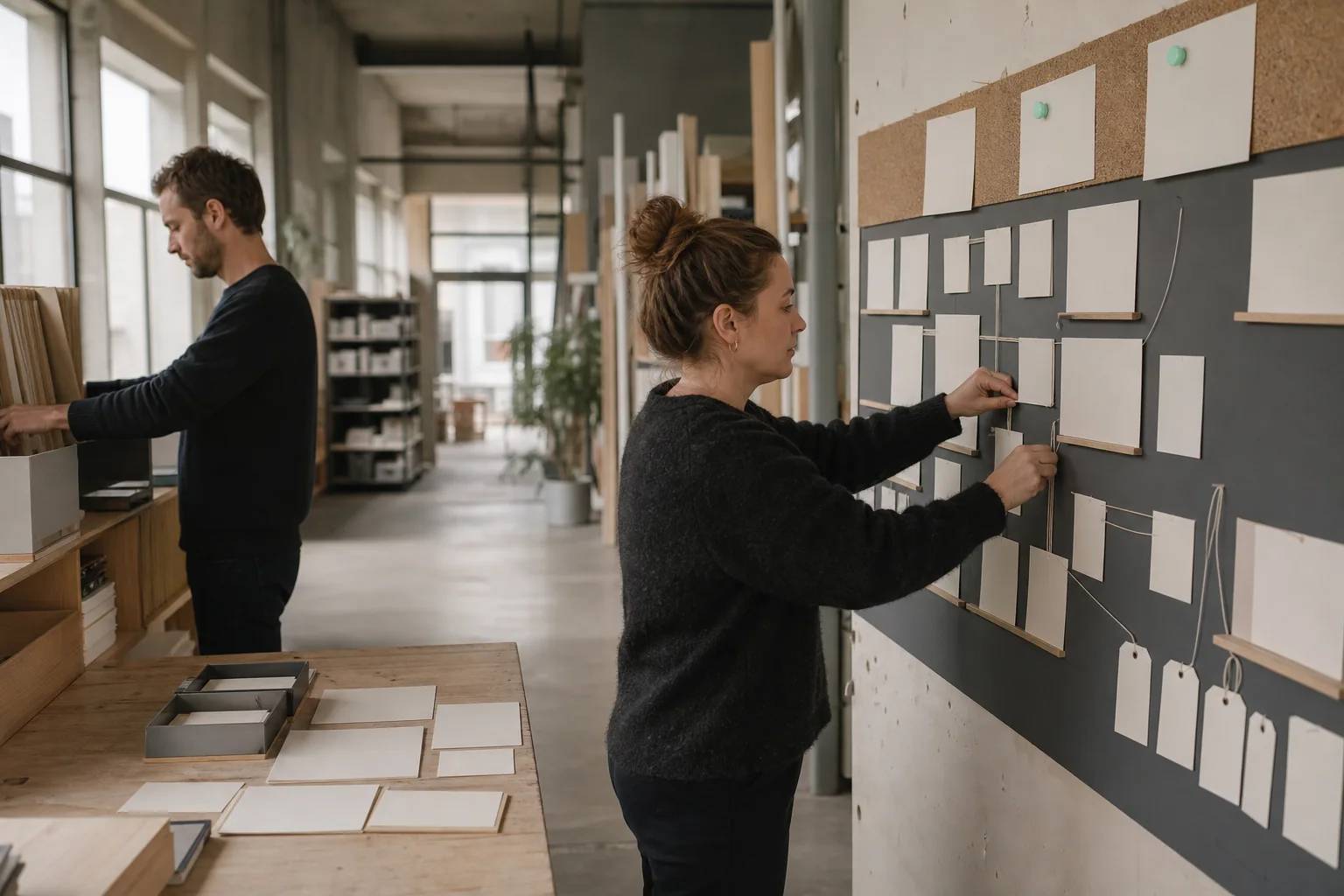 Professionals ordenen fysieke werkmaterialen voor AI-zichtbaarheid en GEO bij een onderneming in Antwerpen