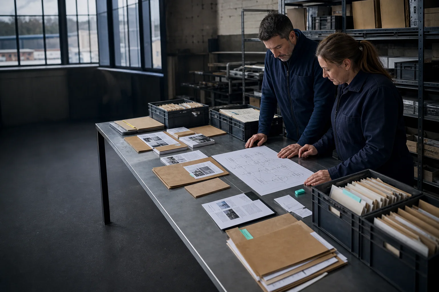 Twee professionals ordenen brondossiers en een citatienetwerk in een hedendaags atelier in Charleroi