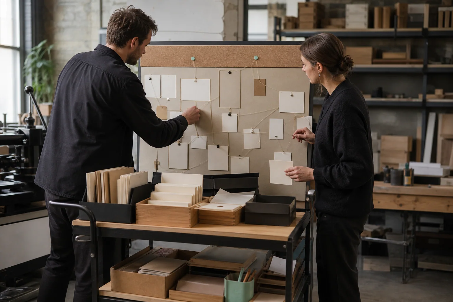 Professionals ordenen fysieke werkmaterialen voor AI-zichtbaarheid en GEO bij een onderneming in Gent