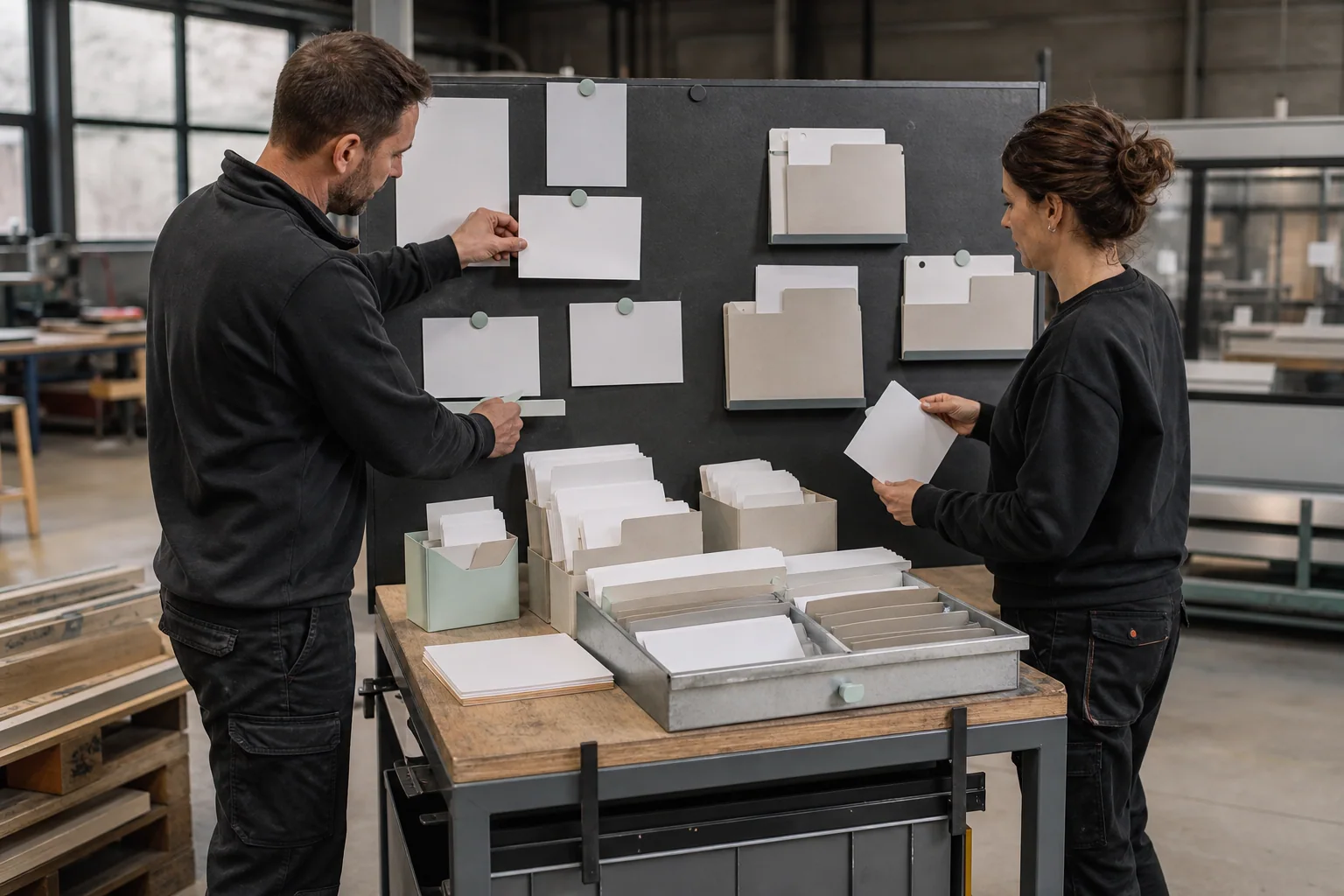 Professionals ordenen fysieke werkmaterialen voor AI-zichtbaarheid en GEO bij een onderneming in Luik
