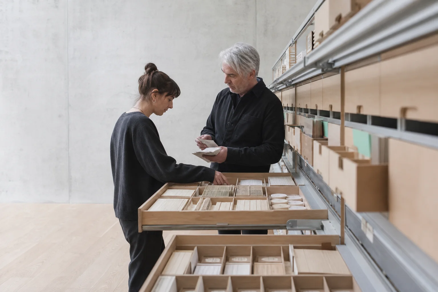 Twee onderzoekers vergelijken bronkaarten en herkomstgegevens in een Gentse materialenbibliotheek