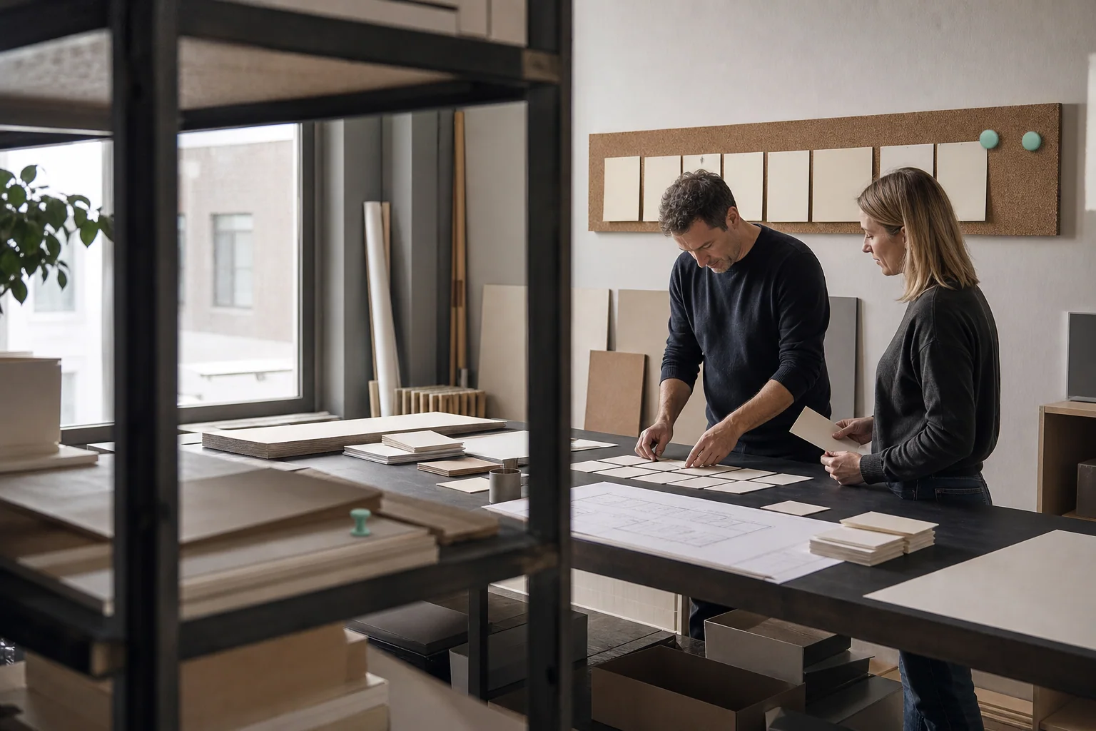 Professionals ordenen fysieke werkmaterialen voor Online advertenties bij een onderneming in Antwerpen