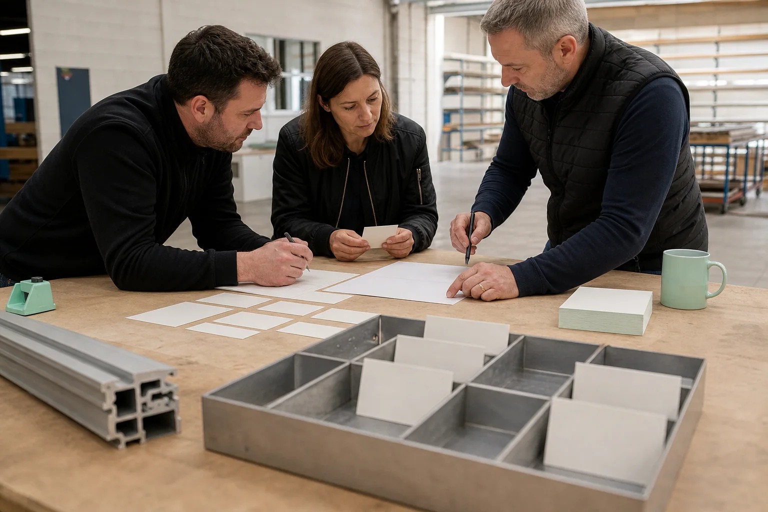 Professionals ordenen fysieke werkmaterialen voor Online advertenties bij een onderneming in Charleroi