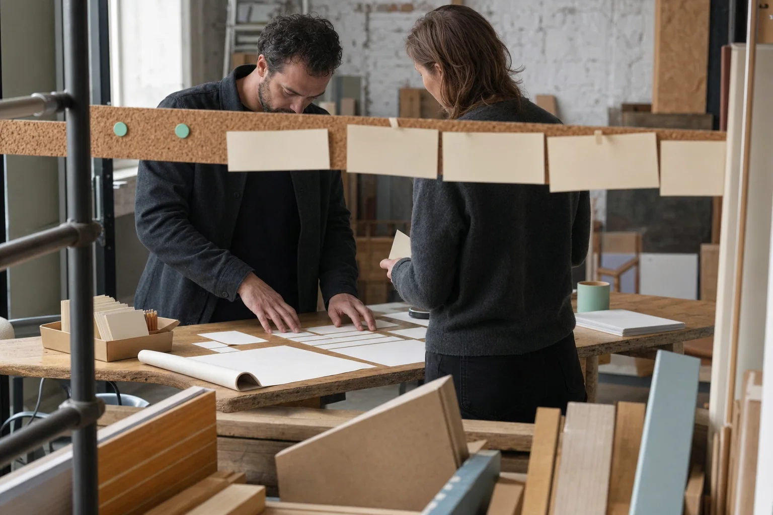 Professionals ordenen fysieke werkmaterialen voor Online advertenties bij een onderneming in Gent