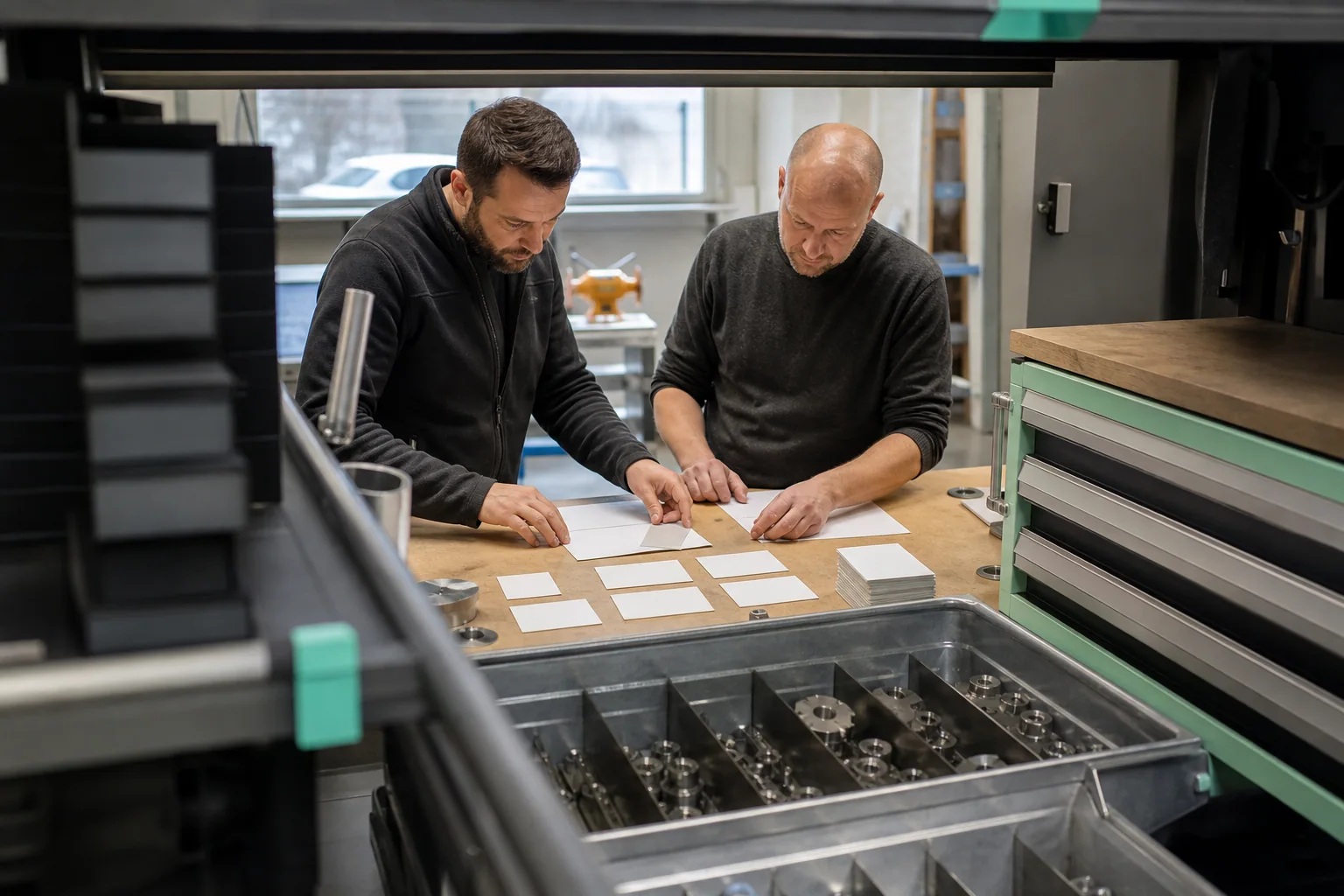 Professionals ordenen fysieke werkmaterialen voor Online advertenties bij een onderneming in Luik
