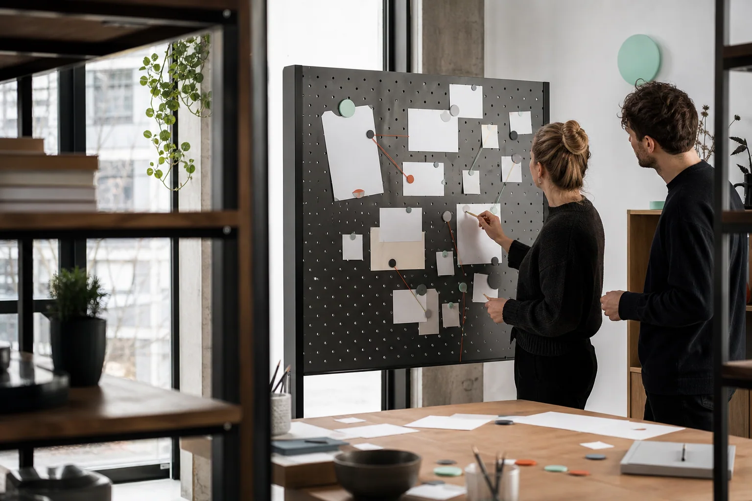 Professionals ordenen fysieke werkmaterialen voor SEO-optimalisatie bij een onderneming in Brussel