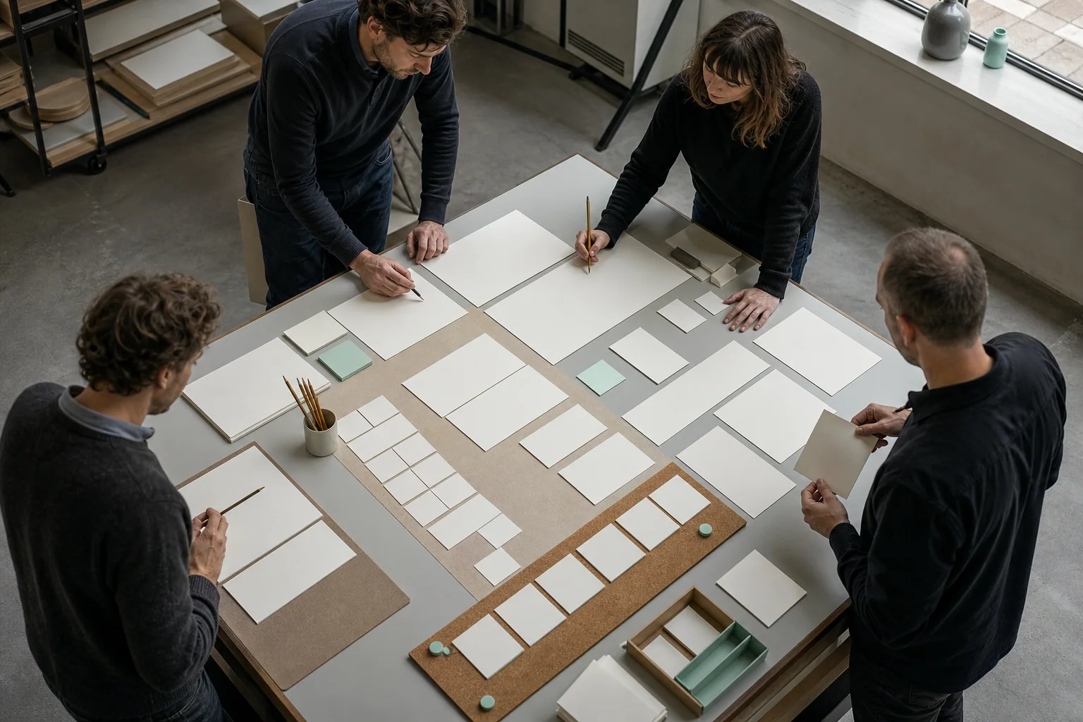 Professionals ordenen fysieke werkmaterialen voor SEO-optimalisatie bij een onderneming in Antwerpen
