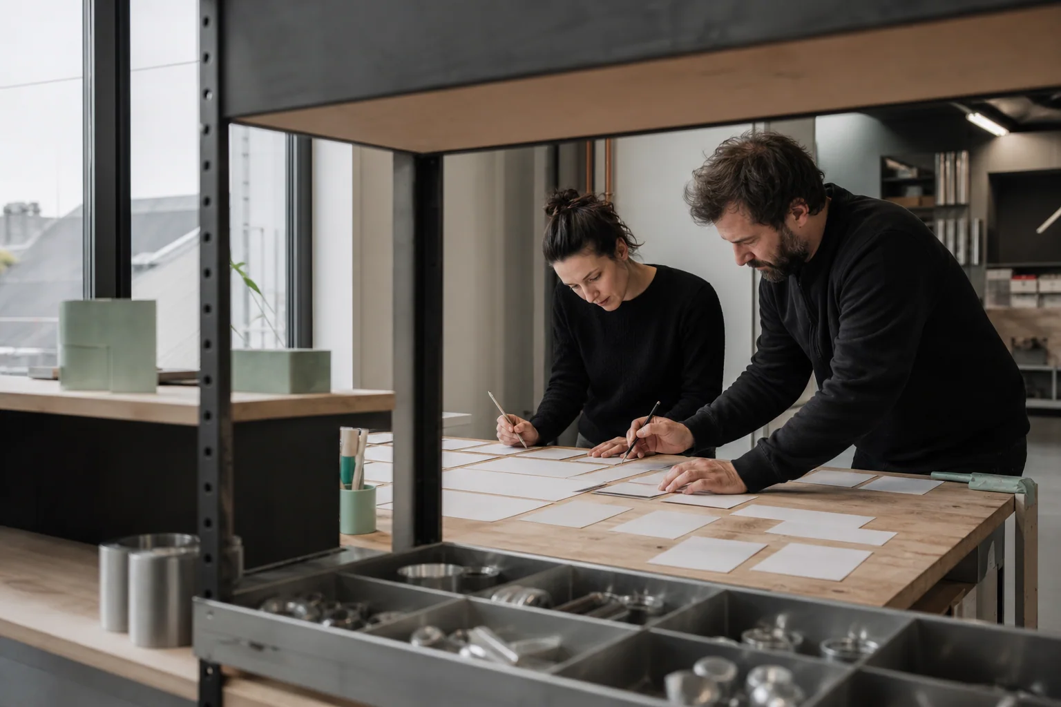 Professionals ordenen fysieke werkmaterialen voor SEO-optimalisatie bij een onderneming in Charleroi