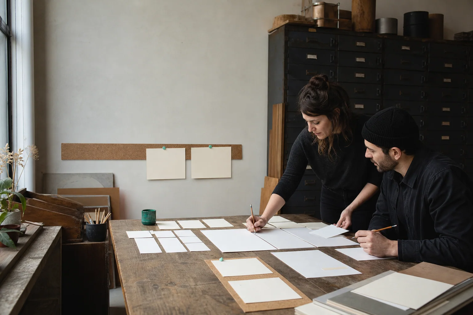 Professionals ordenen fysieke werkmaterialen voor SEO-optimalisatie bij een onderneming in Gent