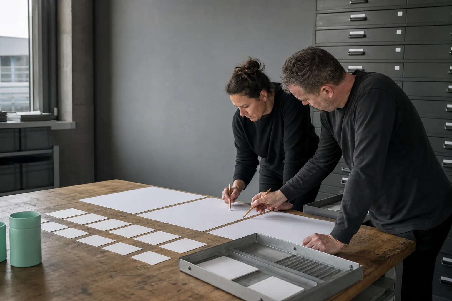 Professionals ordenen fysieke werkmaterialen voor SEO-optimalisatie bij een onderneming in Luik