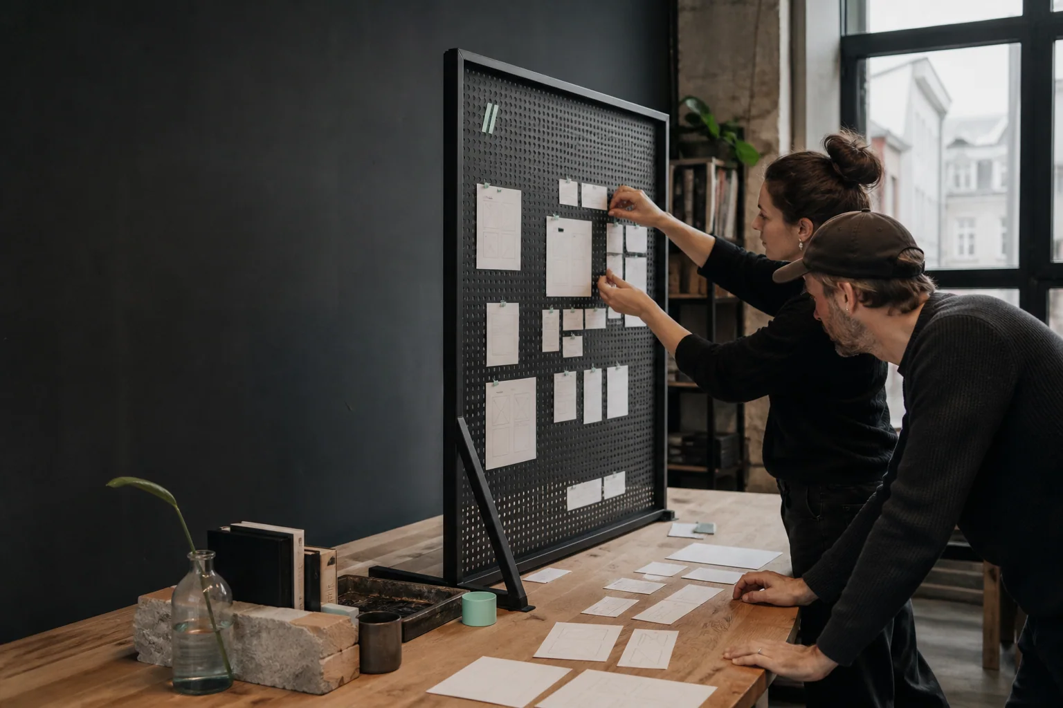 Professionals ordenen fysieke werkmaterialen voor Website laten maken bij een onderneming in Brussel