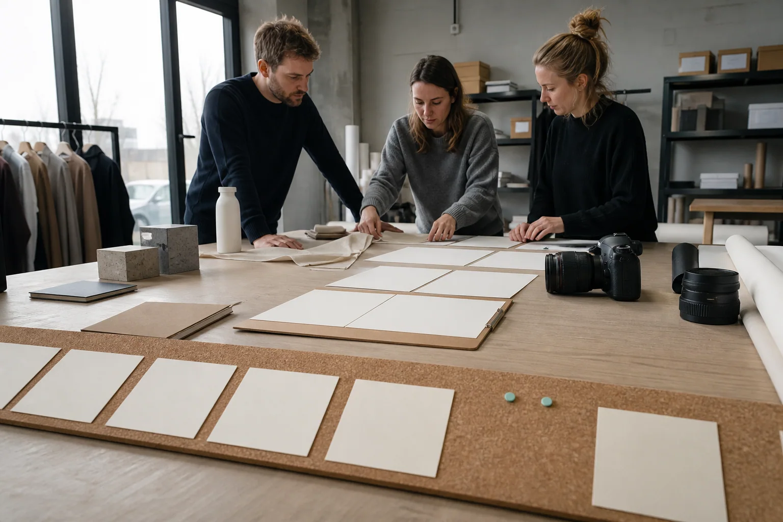 Professionals ordenen fysieke werkmaterialen voor Socialmediabeheer bij een onderneming in Antwerpen