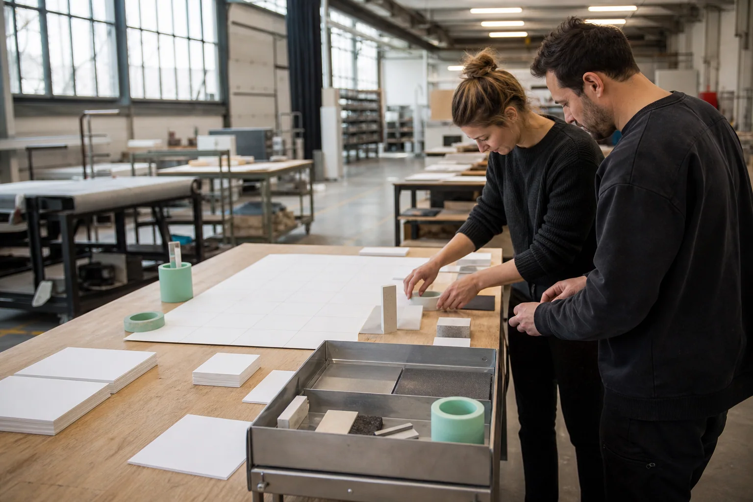 Professionals ordenen fysieke werkmaterialen voor Socialmediabeheer bij een onderneming in Charleroi