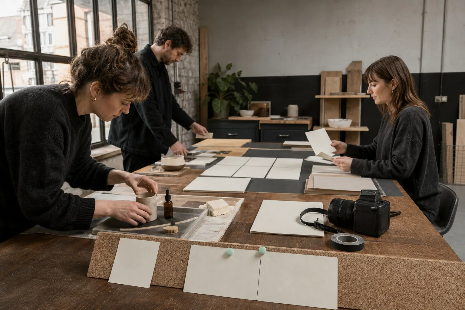 Professionals ordenen fysieke werkmaterialen voor Socialmediabeheer bij een onderneming in Gent