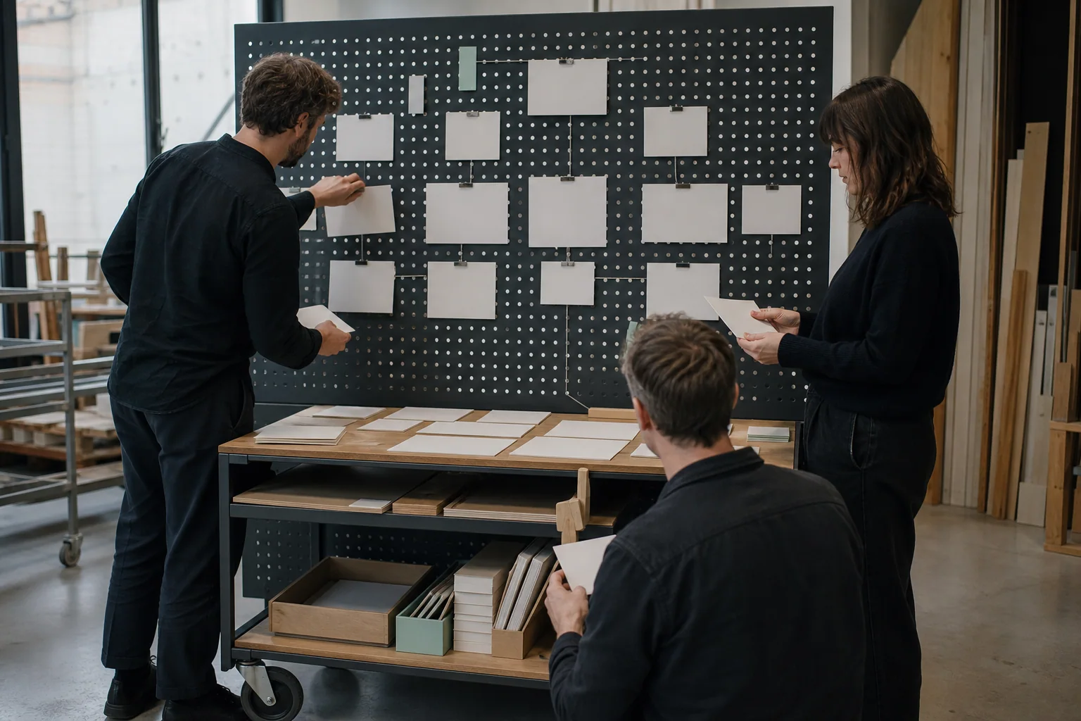 Professionals ordenen fysieke werkmaterialen voor Website laten maken bij een onderneming in Antwerpen
