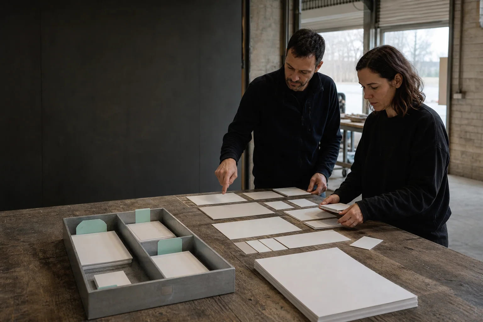 Professionals ordenen fysieke werkmaterialen voor Website laten maken bij een onderneming in Charleroi