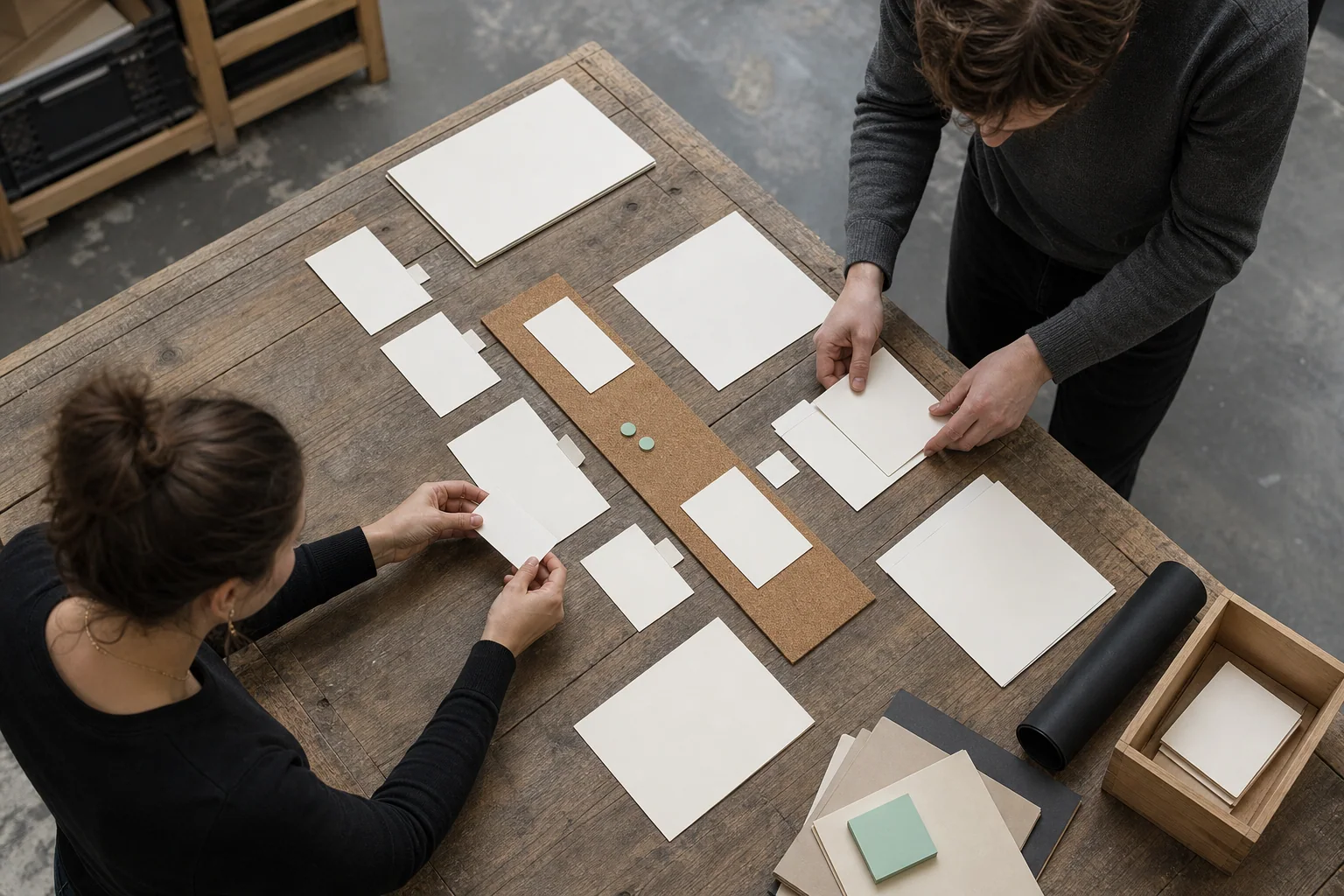 Professionals ordenen fysieke werkmaterialen voor Website laten maken bij een onderneming in Gent