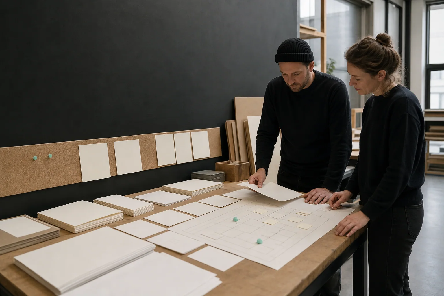 Professionals ordenen fysieke werkmaterialen voor Website vernieuwen bij een onderneming in Antwerpen