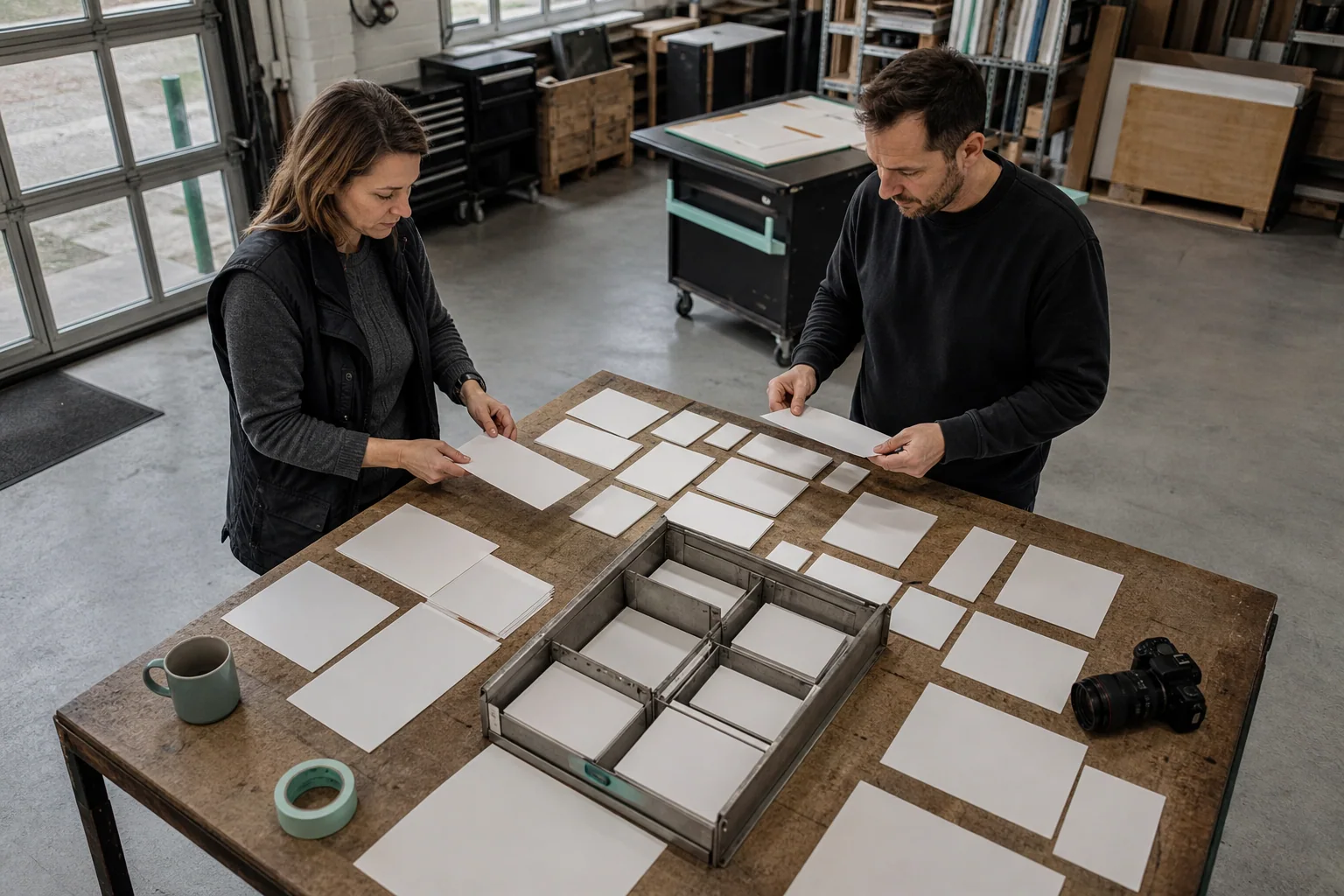 Professionals ordenen fysieke werkmaterialen voor Website vernieuwen bij een onderneming in Charleroi