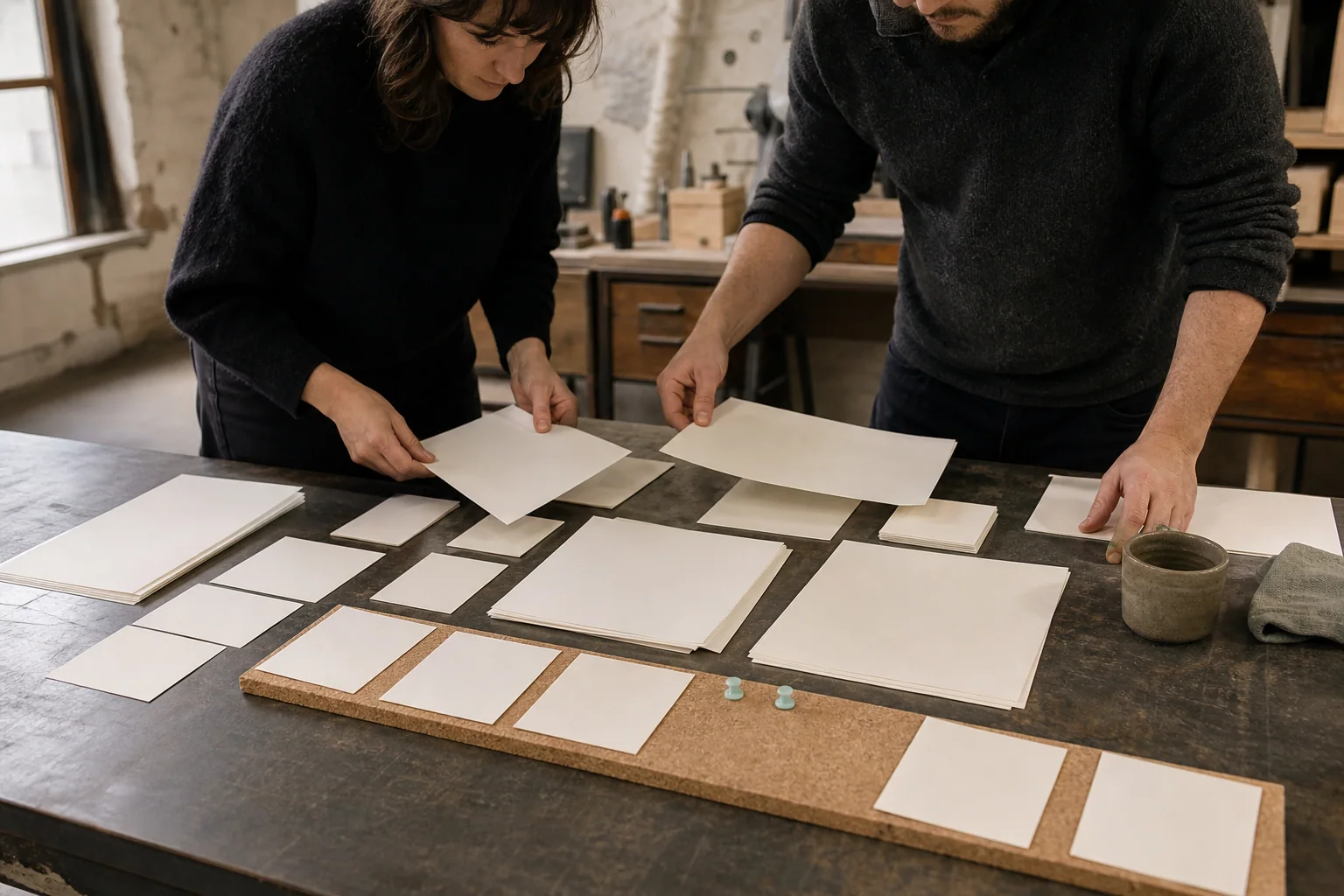 Professionals ordenen fysieke werkmaterialen voor Website vernieuwen bij een onderneming in Gent