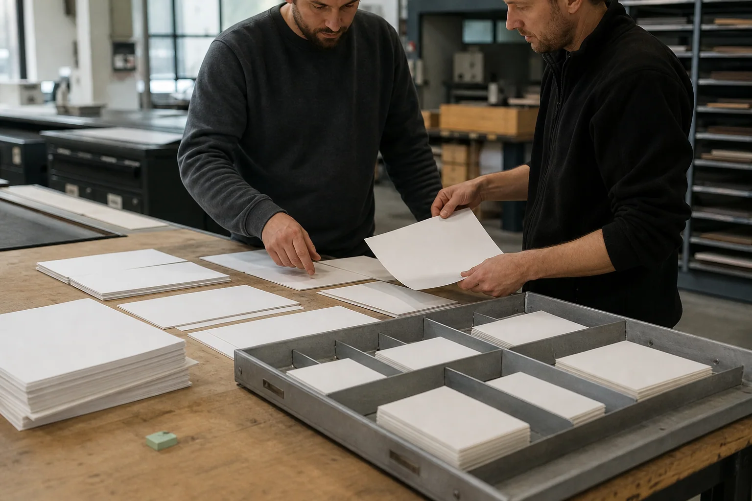 Professionals ordenen fysieke werkmaterialen voor Website vernieuwen bij een onderneming in Luik