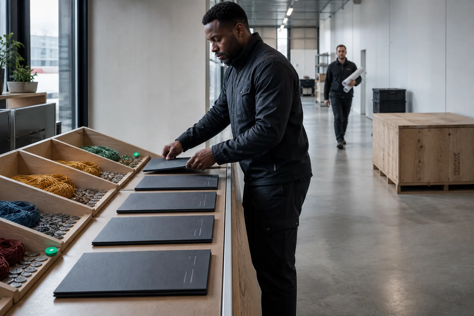Een coördinator verdeelt vijf projectmappen over fysieke bestemmingsbakken in een stedelijk atelier