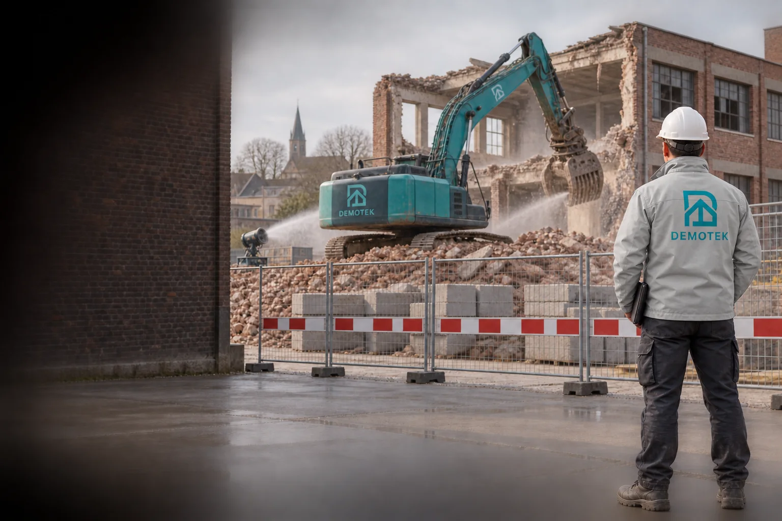 Demotek: illustratie van een afbraakwerf met een graafmachine en een persoon in werkkleding.