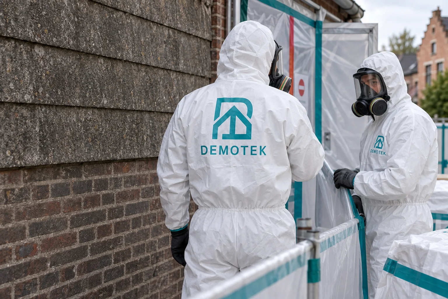 Demotek : illustration de deux intervenants en tenue de protection devant une zone de désamiantage délimitée.