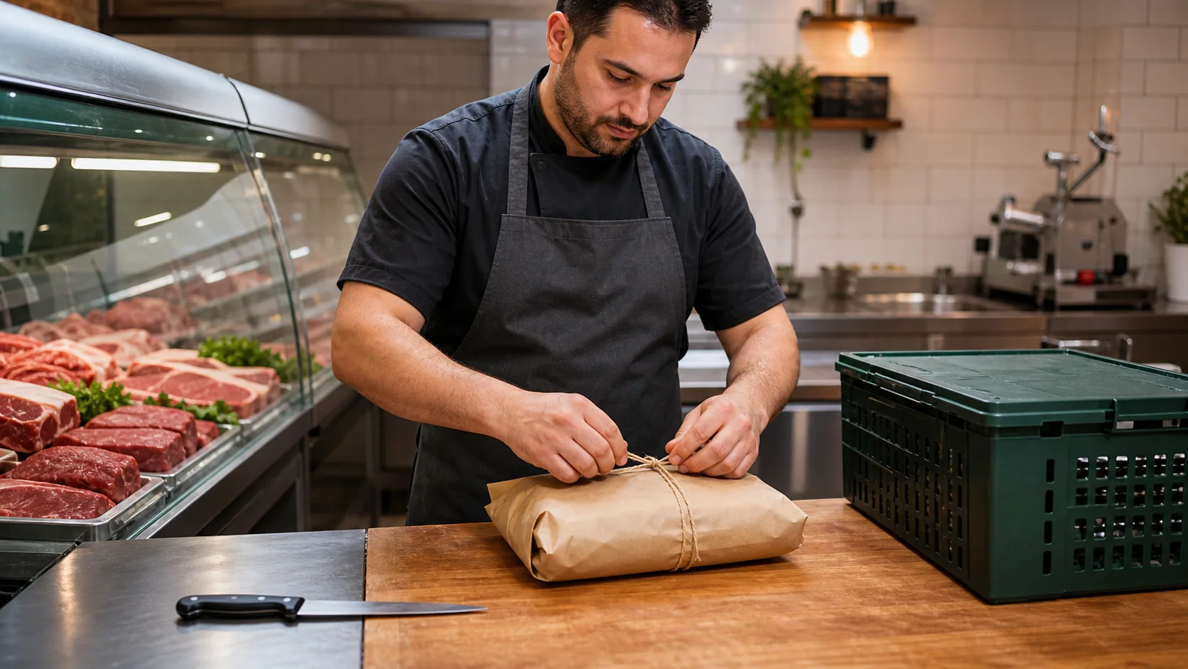 Boucherie d’Evere: butcher preparing an artisan halal order for delivery in Brussels.
