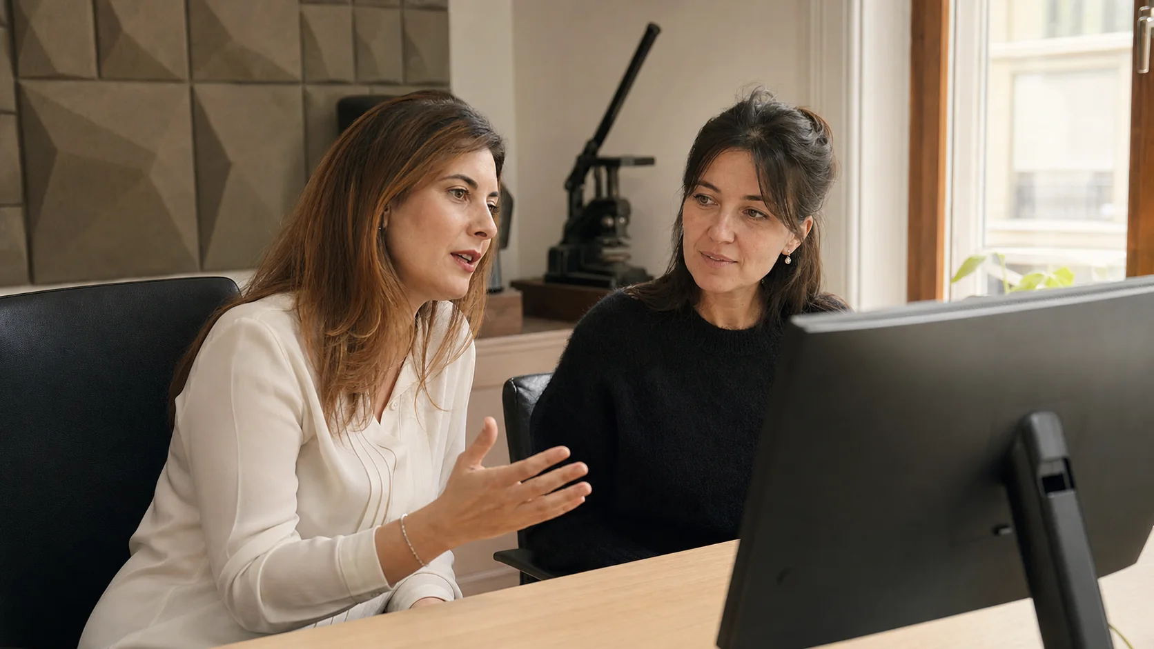 CertiDocs: two professionals talking in a translation office, with an embossing press visible in the background.