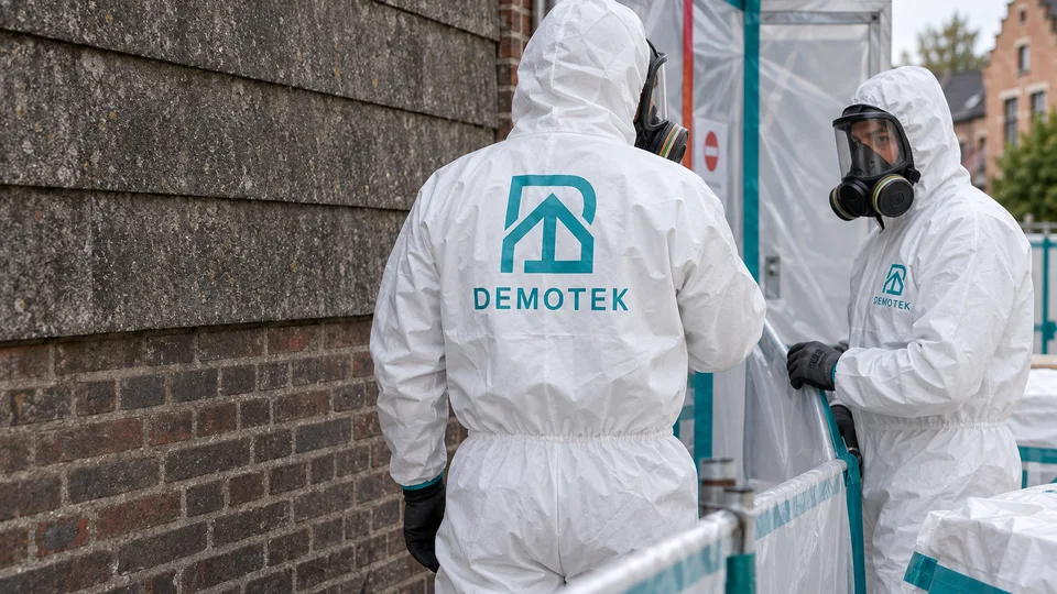 Demotek: illustratie van twee medewerkers in beschermende kleding bij een afgebakende zone voor asbestverwijdering.