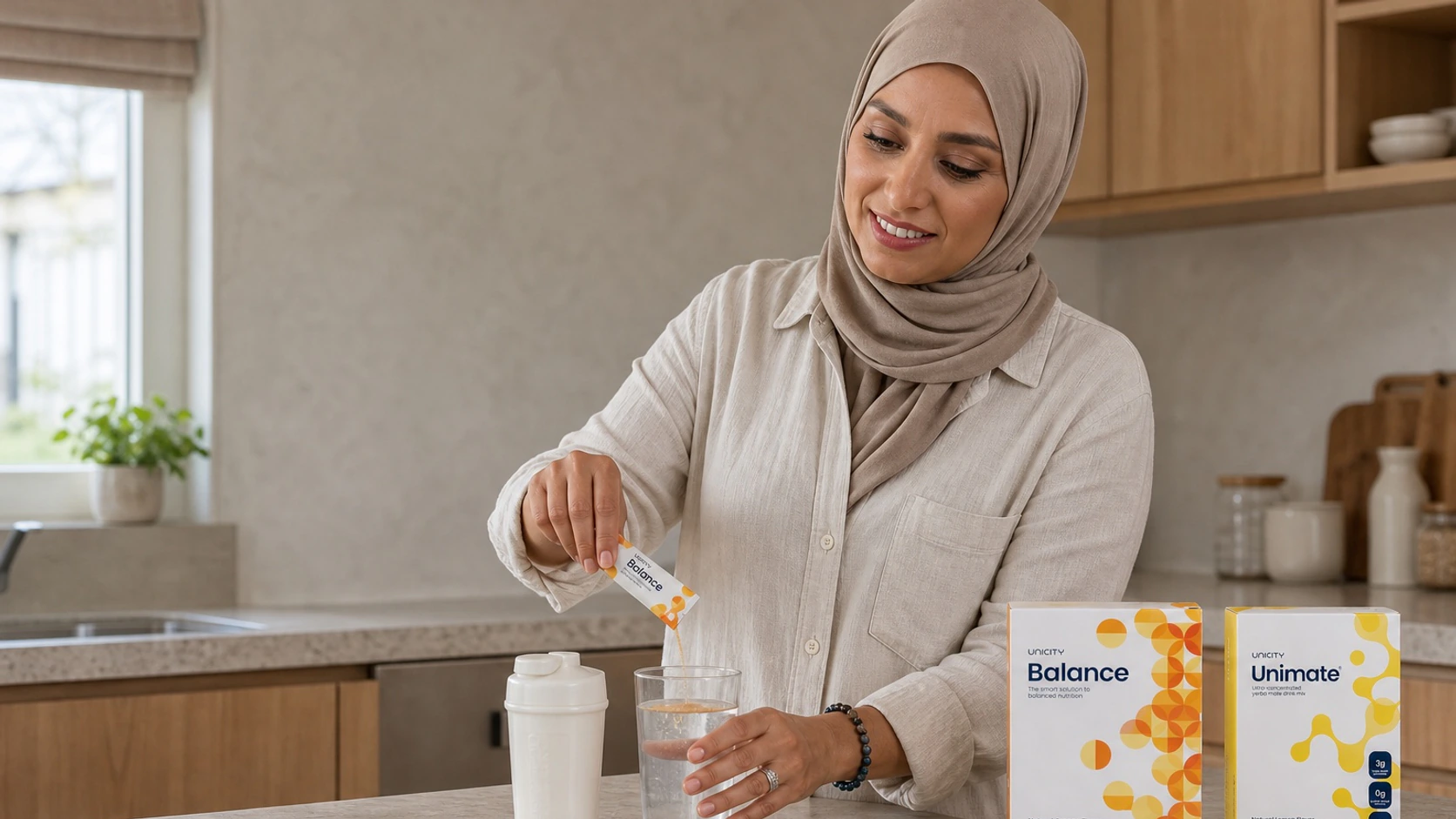 Ishane Joy: preparing the Unicity Balance routine in a kitchen, with the official products displayed on the worktop.