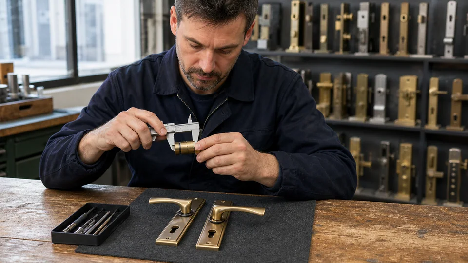 Janssens Serrurier : contrôle en atelier d’une serrure de sécurité et de ses garnitures de porte.