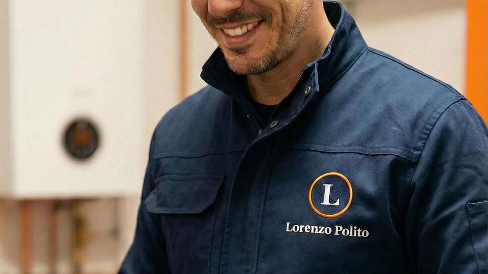 Lorenzo Chauffage: official portrait of Lorenzo Polito in workwear with his company logo embroidered on the jacket.