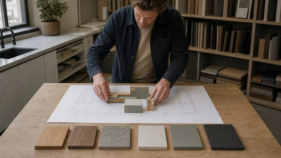 Makette : préparation d’un projet de cuisine 3D sur plan, avec maquettes de meubles et échantillons de matériaux.