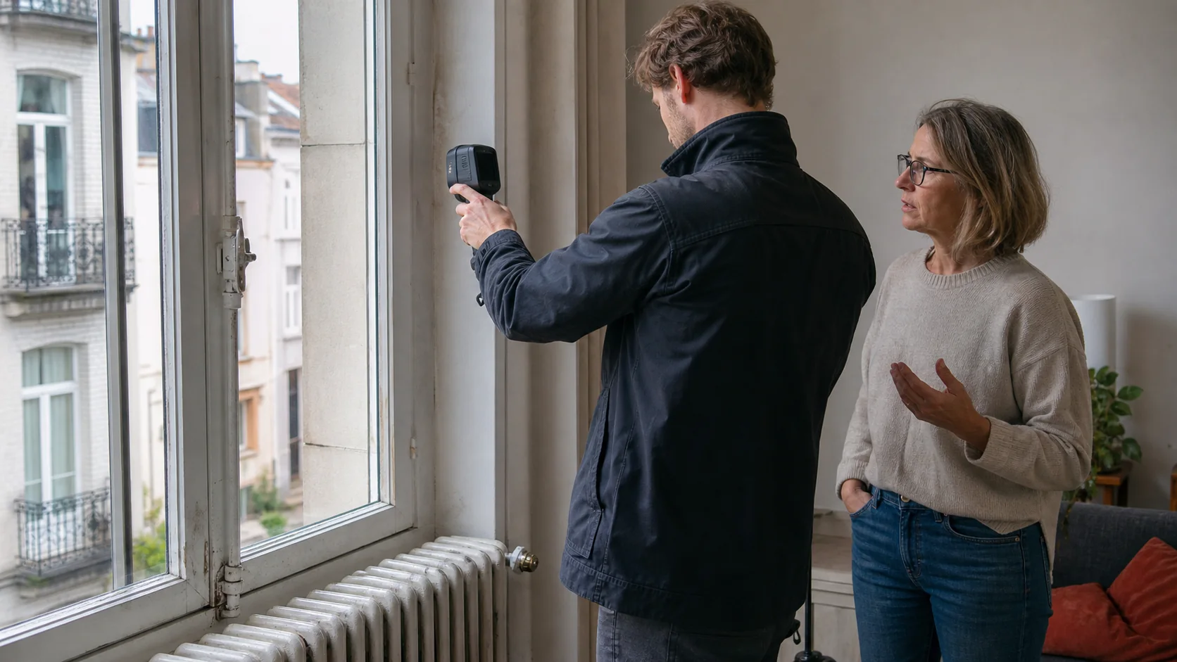 Sertic: inspector using a thermal camera to assess a window and radiator during an EPC survey in a Brussels home.