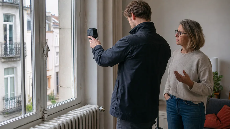 Sertic : inspecteur réalisant un relevé PEB à la caméra thermique autour d’une fenêtre et d’un radiateur dans un logement bruxellois.