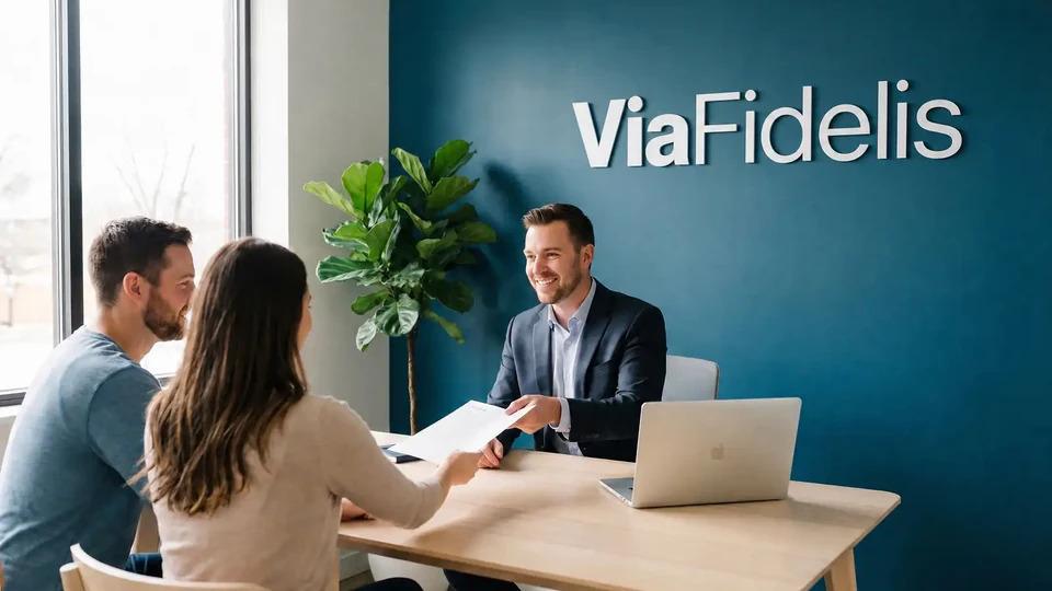 ViaFidelis : un conseiller reçoit un couple dans les bureaux de l’entreprise, devant le nom officiel de la marque.