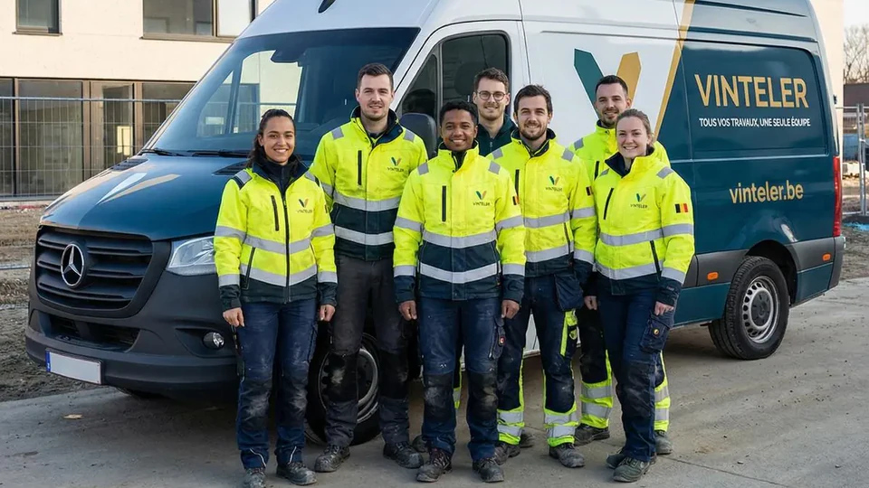 Vinteler : l’équipe officielle réunie en tenue de chantier devant son véhicule d’intervention en Belgique.