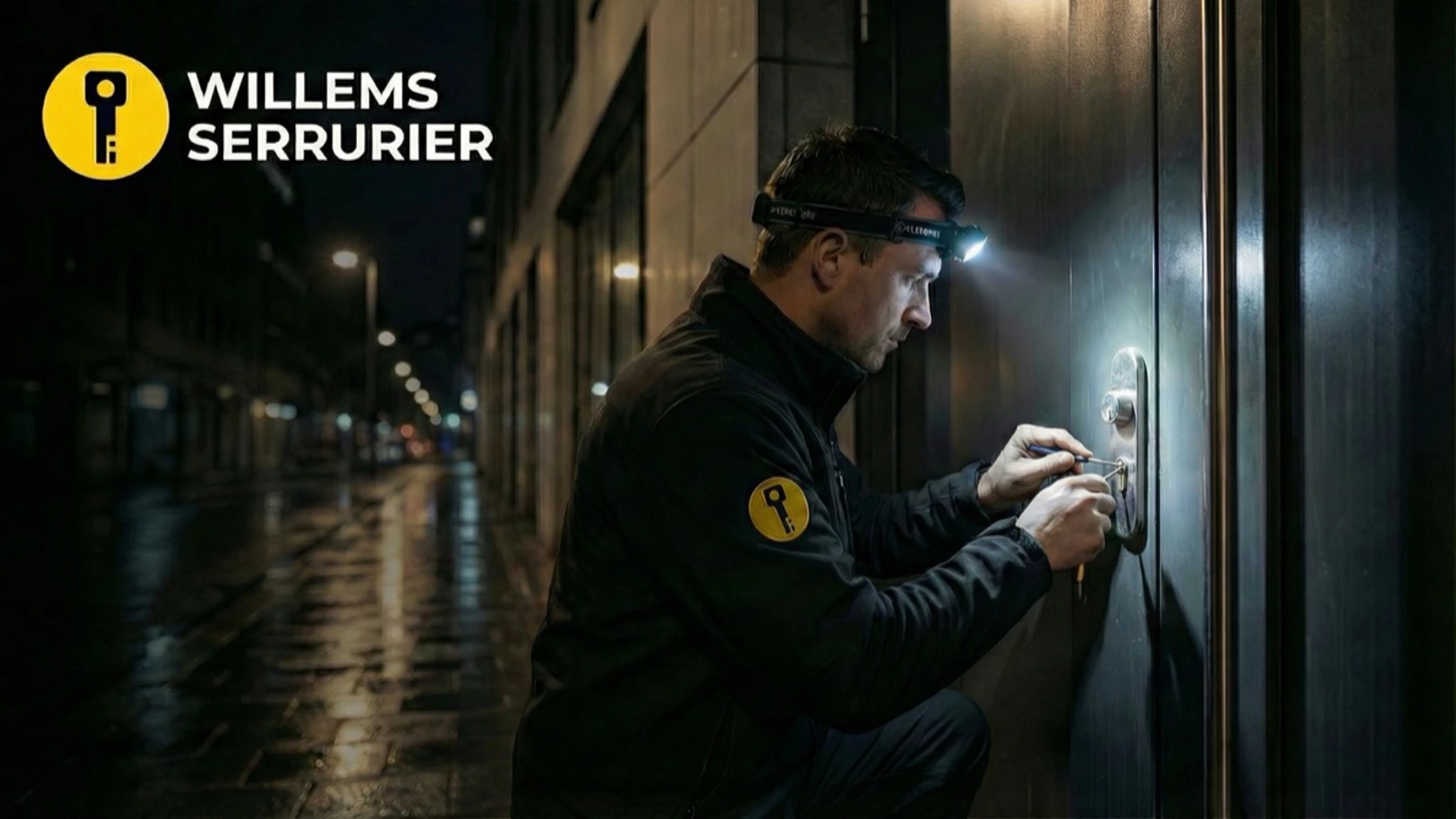 Willems Serrurier: official photograph of a night-time lock intervention with the company identity visible.