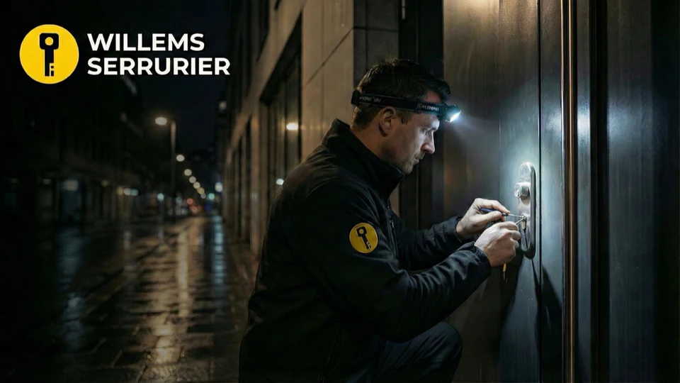 Willems Serrurier : photo officielle d’une intervention nocturne sur une serrure, avec l’identité de l’entreprise visible.