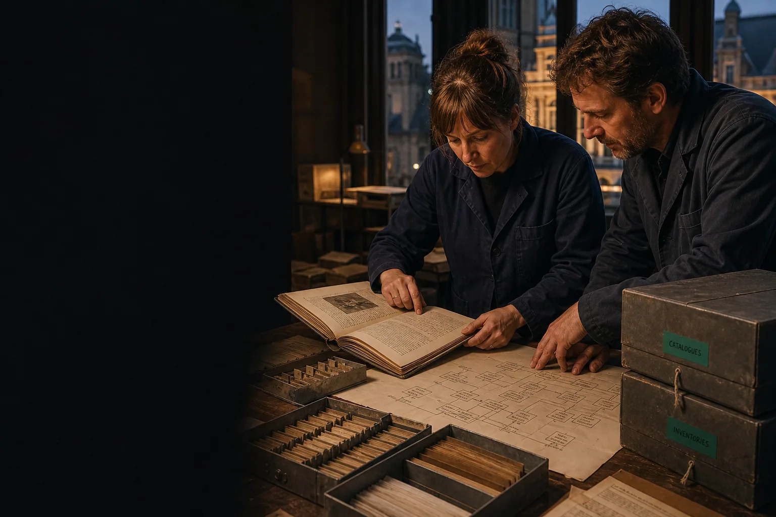 Two museum archive specialists study a catalogue and dependency map before a Drupal migration
