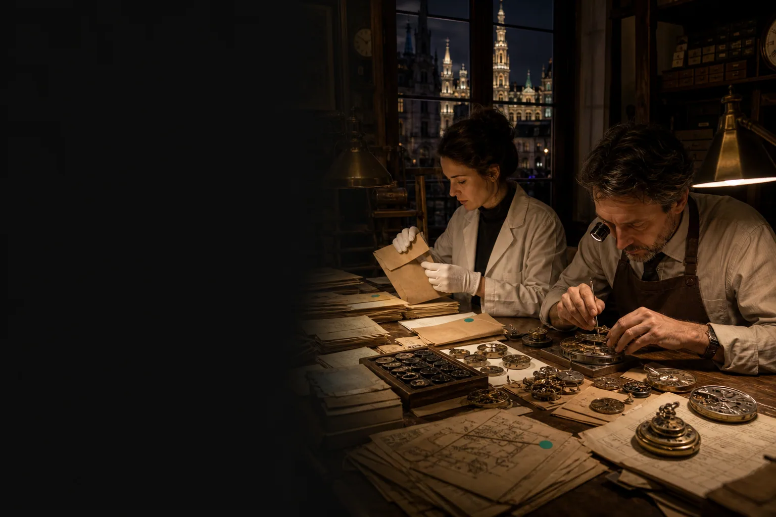 A watchmaker and archive specialist inventory old mechanisms and documents before a careful rebuild